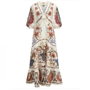 Farm Rio Dress Off White Boho Glam Floral Lenzing Ecovero Euroflax Maxi Dress XS